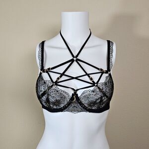 Honey Birdette Nova Black Bra with Gold Embroidery Astrology Celestial Size 32C